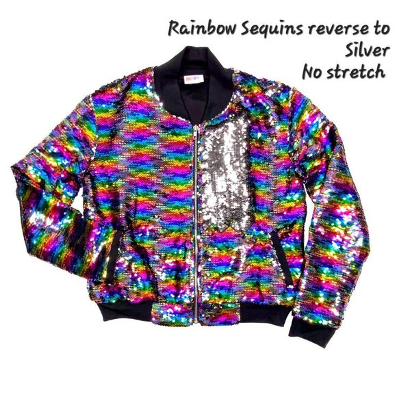 LuLaRoe Elegant Mermaid Bright Rainbow Sequins Stevie Bomber Jacket - Picture 1 of 6